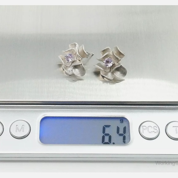 Sterling Silver Genuine Amethyst Flower Earrings - Picture 5 of 9